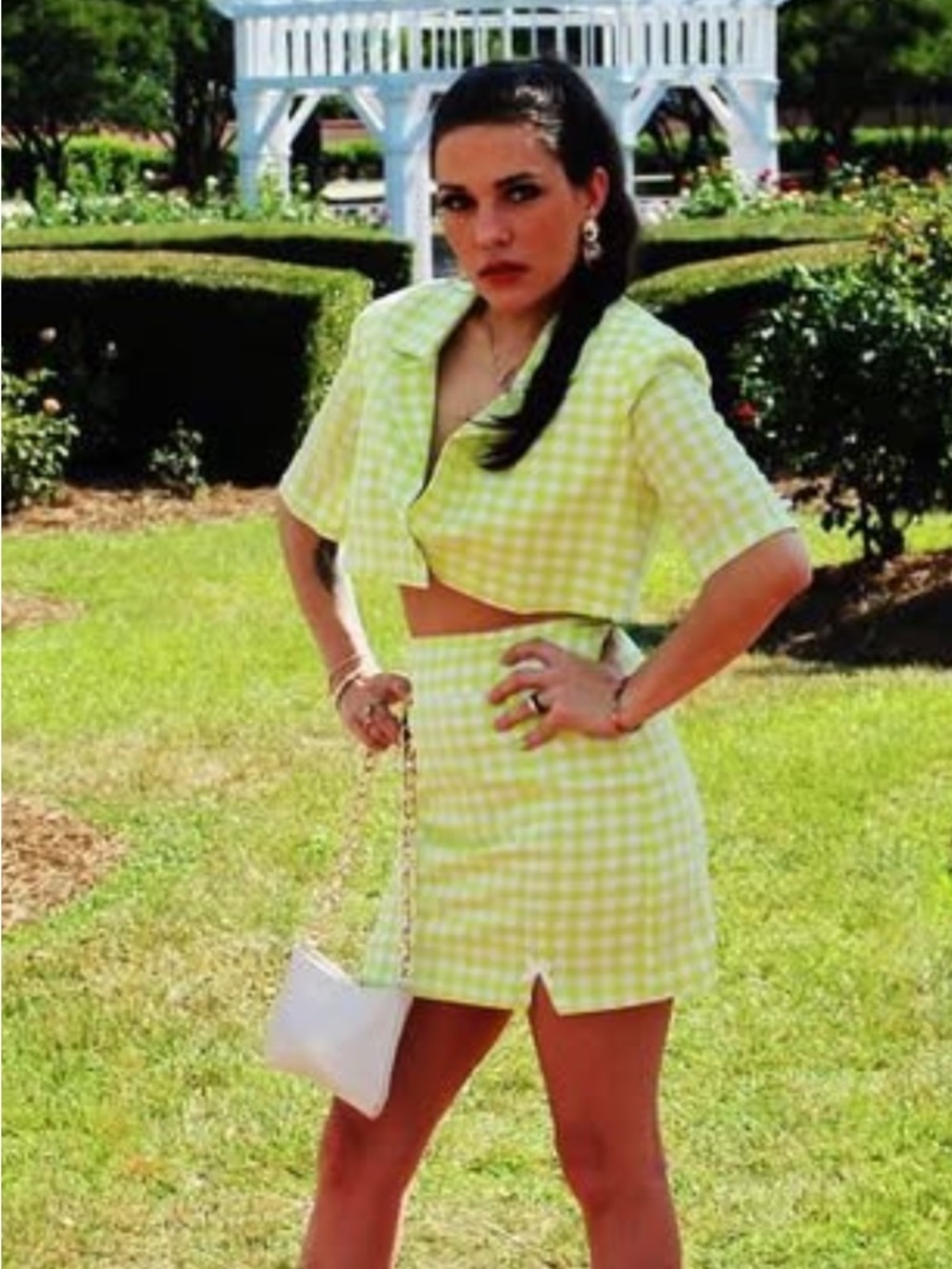 For Love and Lemons Gingham High-Waist Mini Skirt in Lemon Green